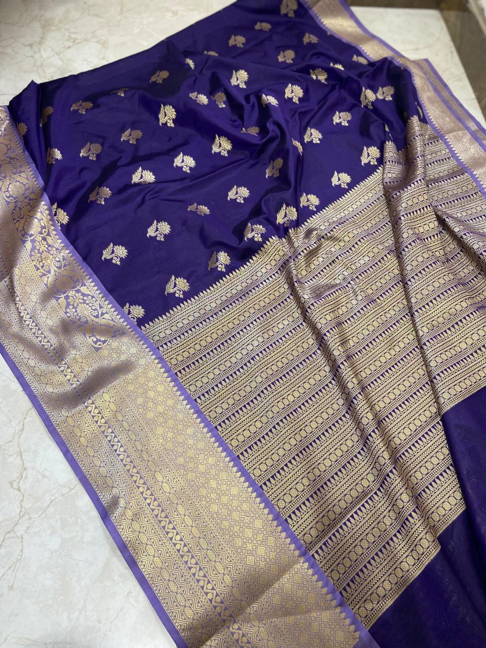 Banarasi Katan Silk Saree with Kanchi Border & Double Zari Butti Design